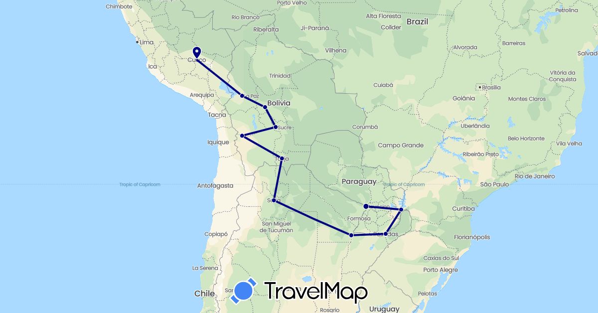 TravelMap itinerary: driving in Argentina, Bolivia, Brazil, Peru, Paraguay (South America)
